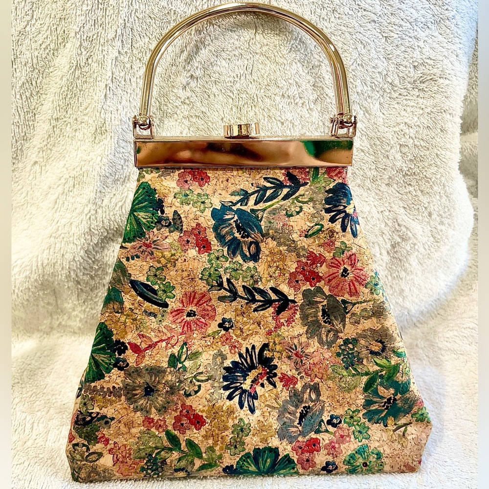Haute Hippie Floral Cork Frame Bag Gold Handle Chain Strap Boho Statement Purse